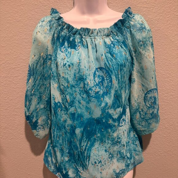 White House Black Market Off the Shoulder Clip-Dot Blouse - Picture 2 of 6